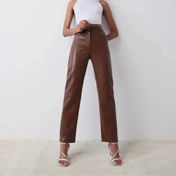 New Aritzia Wilfred The Melina Pant High Waisted Vegan Leather Pants Dark Brown - Picture 1 of 8